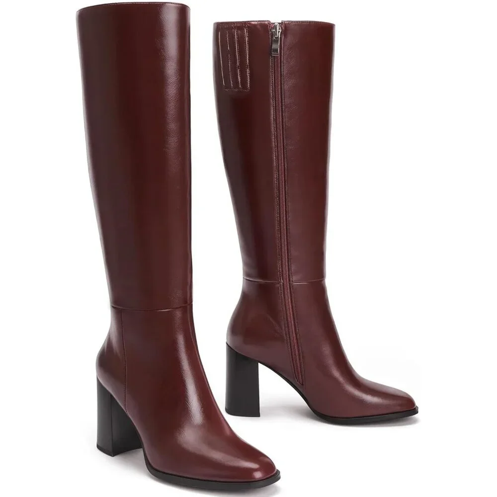Women's Burgundy Knee High Boots Round Toe Side Zip Chunky Heel Rubber